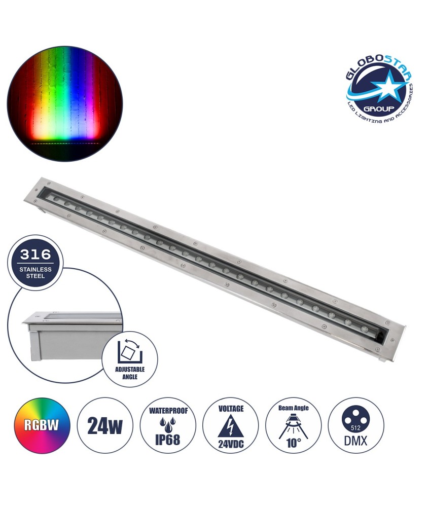 GloboStar® UNDERGROUND-PASSAGGIO 90197 Χωνευτό Φωτιστικό Wall Washer Δαπέδου LED 24W 2040lm 10° DC 24V Αδιάβροχο IP68 με Ρυθμιζόμενη Γωνία Φωτισμού L108 x W9 x H7.5cm RGBW DMX512 - Ανοξείδωτο Ατσάλι - 3 Years Warranty